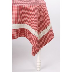 Linen Red Checkered Tablecloth With Lace